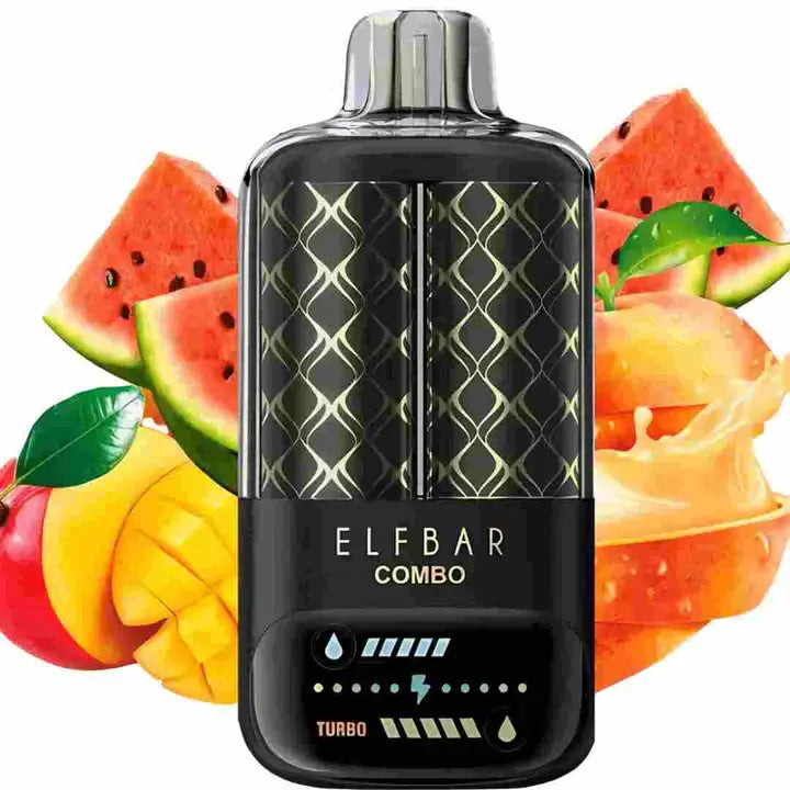 Elfbar Combo vape device with watermelon, mango, and orange slices in the background