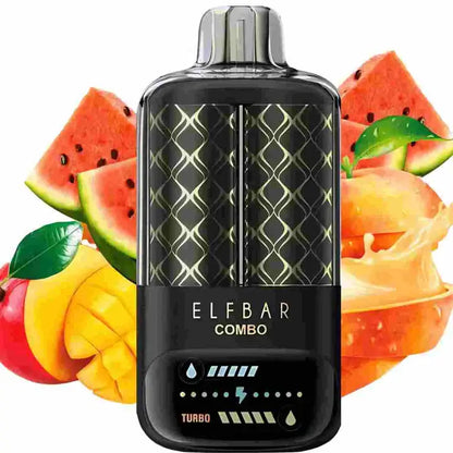 Elfbar Combo vape device with watermelon, mango, and orange slices in the background