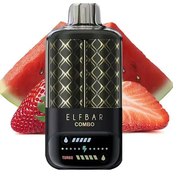 Elfbar Combo vape device with watermelon and strawberry slices in the background