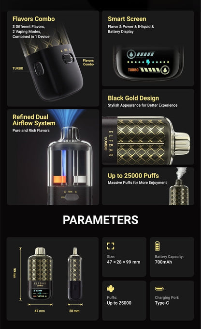 Elfbar combo product features and specifications of a vaping device on a black background