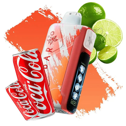 Red elfbar vape device with Coca-Cola branding, surrounded by lime slices on a white background