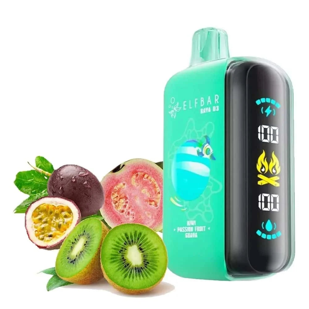 Elfbar Raya D3 Kiwi passion fruit guava vape with fruits in background