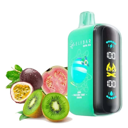 Elfbar Raya D3 Kiwi passion fruit guava vape with fruits in background