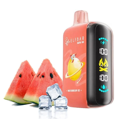 Elfbar Raya D3 watermelon ice vape with watermelon and ice in background