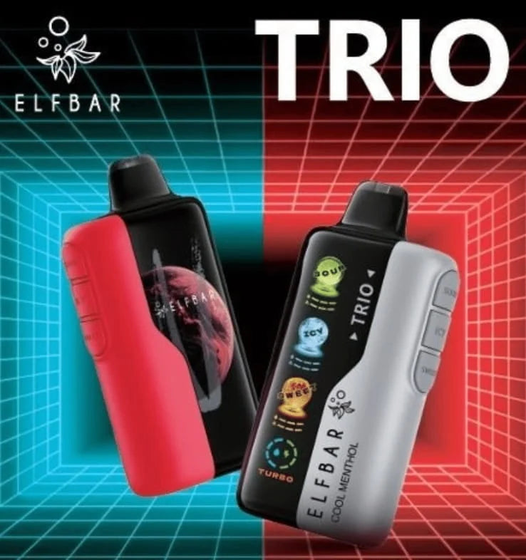 Two ELFBAR Trio vape devices on a colorful grid background