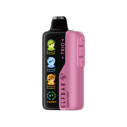 Pink and black Elf Bar Trio vape peach twist device on a white background