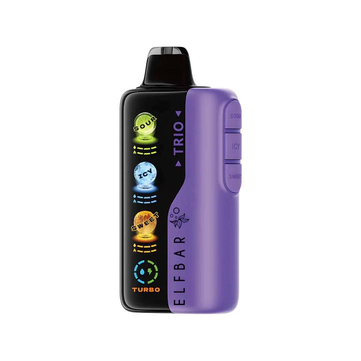 elfbar trio Vaping device with purple and black design on a white background