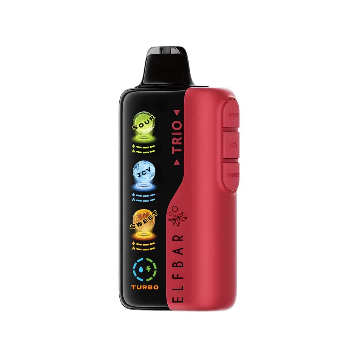 Red and black elfbar trio vape device with visible branding on a white background