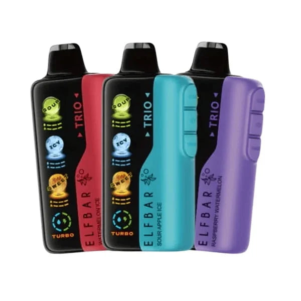 Three Elf Bar Trio vape devices in different colors on a white background