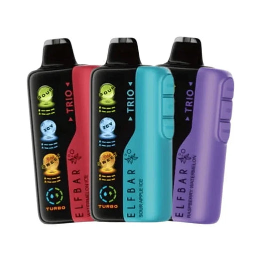 Three Elf Bar Trio vape devices in different colors on a white background