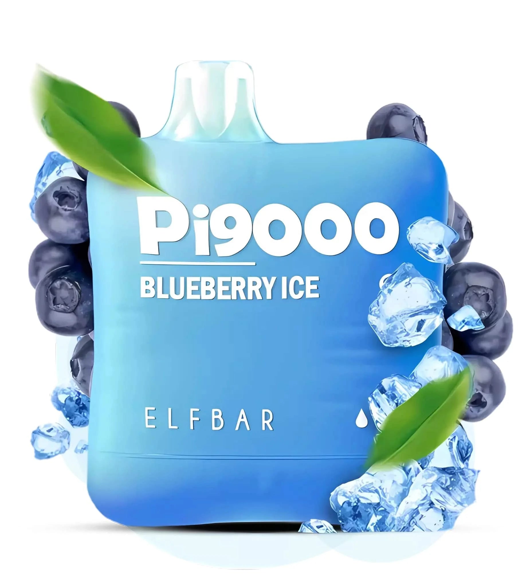 Blueberry ice elfbar vape device with blueberries and ice cubes on a white background