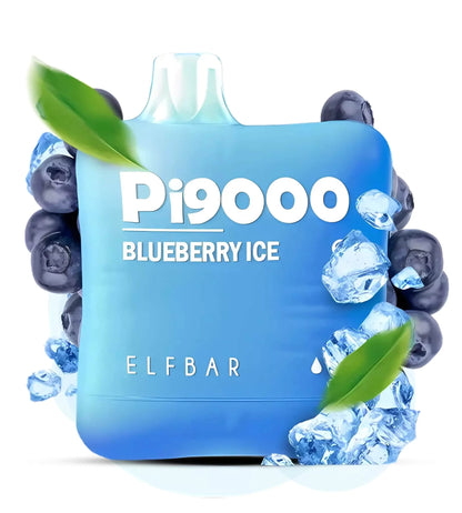 Blueberry ice elfbar vape device with blueberries and ice cubes on a white background