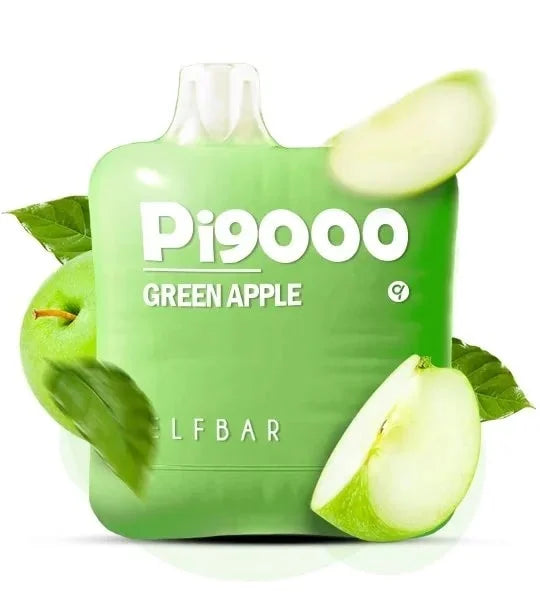 Green apple-flavored disposable vape with 'Pi9000' branding on a white background