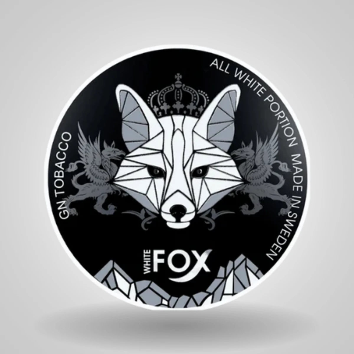 White Fox - Black Edition in black round label with geometric fox design and text on a gray background