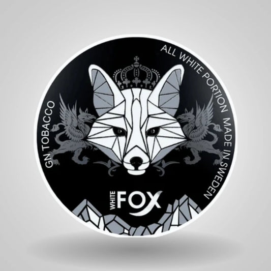 White Fox - Black Edition in black round label with geometric fox design and text on a gray background