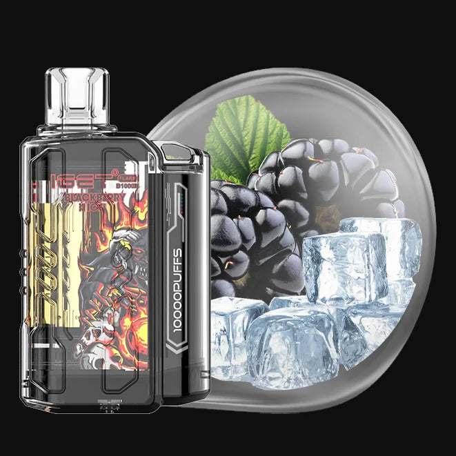 Iget flare blackberry ice Vape device with a flavor display of blackberries and ice cubes on a black background