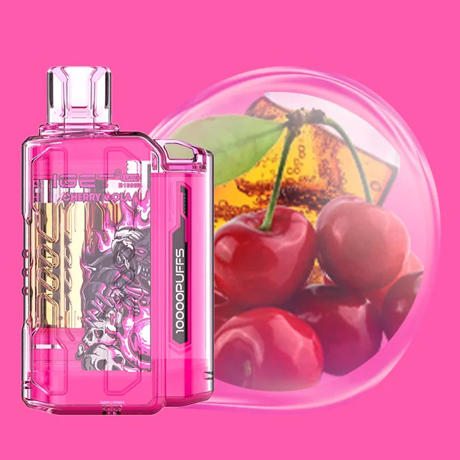 Iget flare cherry cola vape with cherry and fruit illustration on a pink background