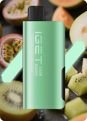 iget soul vape device- passion fruit kiwi guava, with fruits in background
