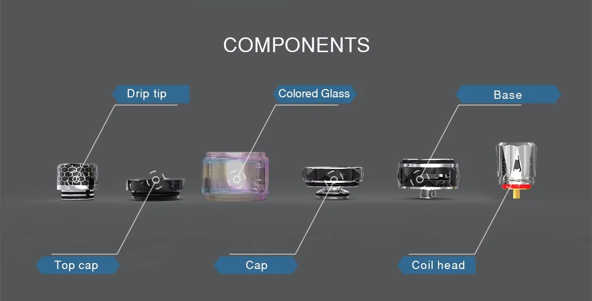 Diagram of ijoy diamond baby vape tank components with labeled parts on a dark background