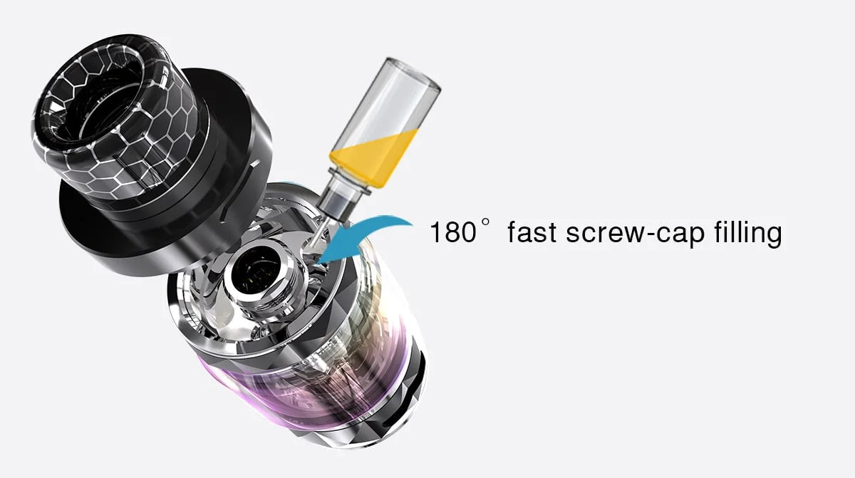 Close-up of a ijoy diamond baby vape tank with a screw cap labeled '180° fast screw-cap filling'.