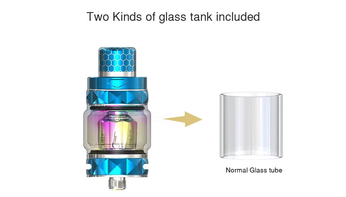 ijoy diamond baby vape tank with two glass tubes labeled 'Normal Glass tube' on a white background