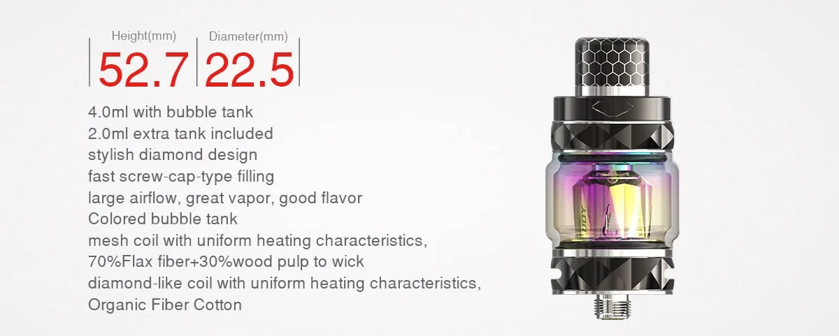 ijoy diamond baby tank with specifications and features listed on a white background