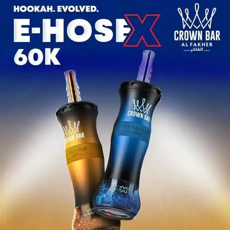 Two E-HOSE X devices with 'Crown Bar Al Fakher' branding on a gradient background.