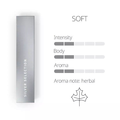 Silver selection product with flavour rating indicators on a white background