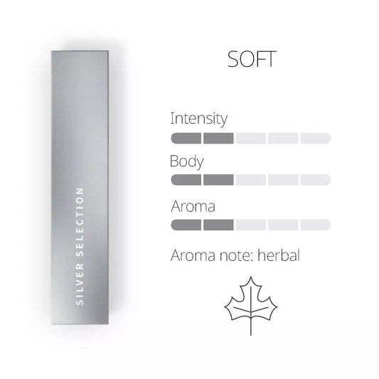 Silver selection product with flavour rating indicators on a white background
