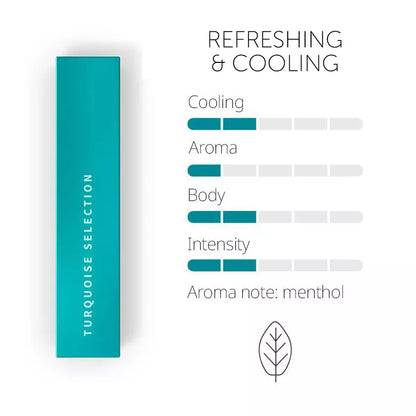 Turquoise product packaging with rating scale of flavour on a white background