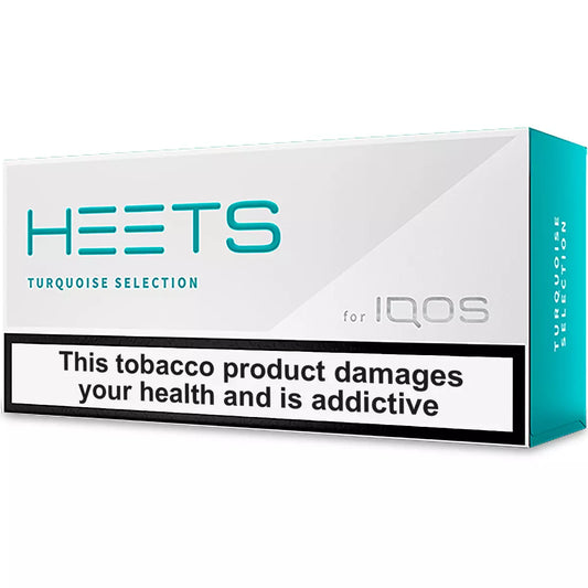 IQOS HEETS packaging with turquoise and white design on a white background