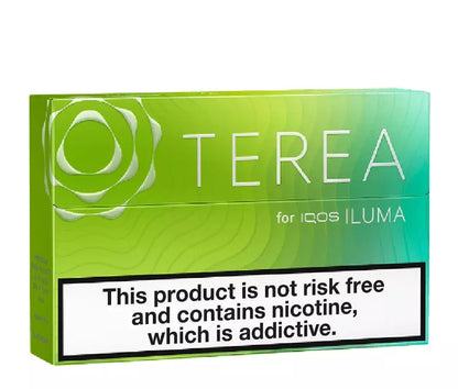 Terea for IQOS ILUMA packaging with green gradient and product warning label.
