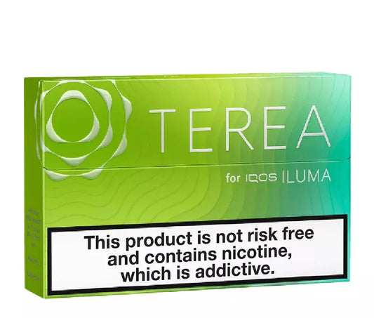 Terea for IQOS ILUMA packaging with green gradient and product warning label.
