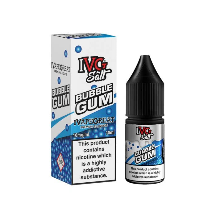 IVG salt bubblegum nicotine salt packaging and bottle on white background