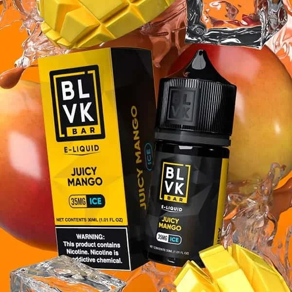 BLVK Bar E-Liquid Juicy Mango bottle and packaging on a colorful background