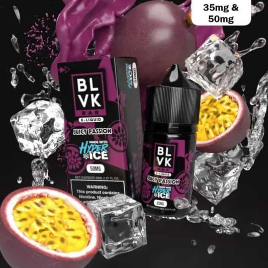 BLVK juicy passion e-liquid packaging with ice cubes and passion fruits on a black background
