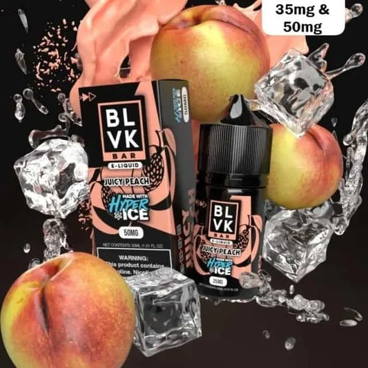 BLVK Bar juicy peach e-liquid bottles with peaches and ice cubes on a black background