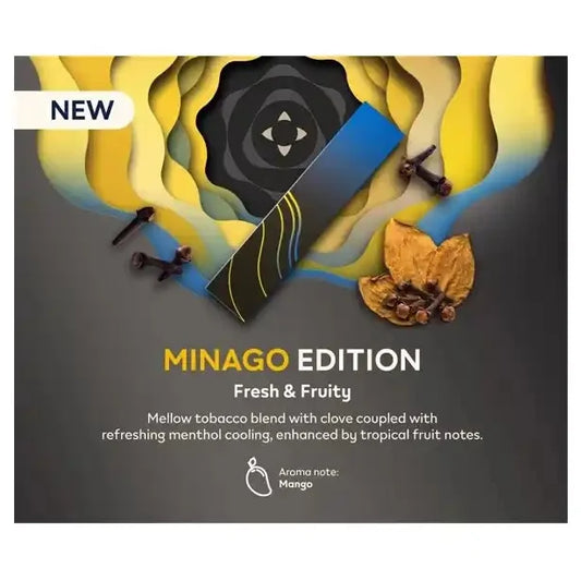 Minago Edition packaging with tobacco leaves and cloves on a dark background