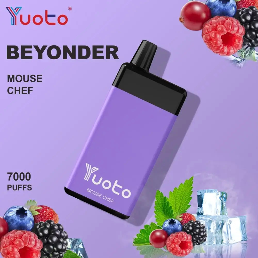 A Yuoto beyonder mouse chef disposable vape device in purple with a black mouthpiece, shown on a lavender background with fruit and ice props.