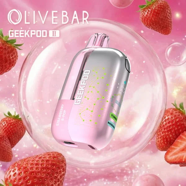 GeekPod II vape device on a pink background with strawberries