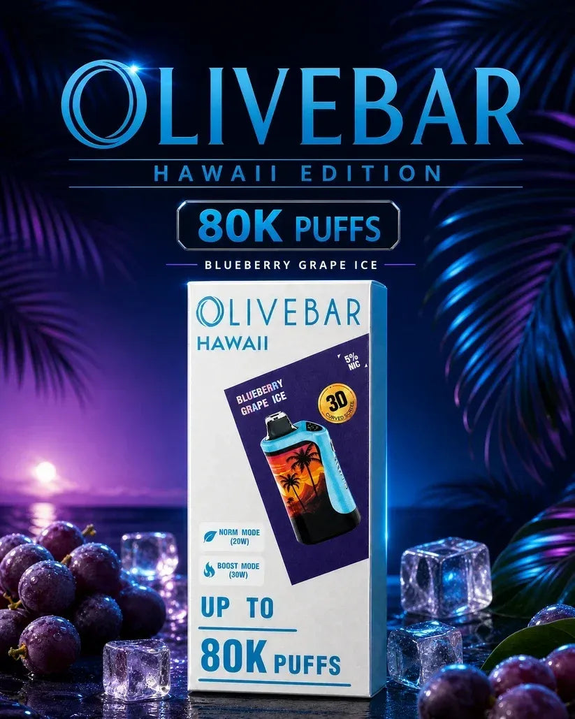 Olivebar Hawaii Edition disposable vape packaging shown prominently in the center, with a stylized tropical night scene featuring blue palm leaves, grapes, ice cubes, and glowing purple-blue lighting. Text on the image reads 'OLIVEBAR HAWAII EDITION', '80K PUFFS', and 'BLUEBERRY GRAPE ICE'.
