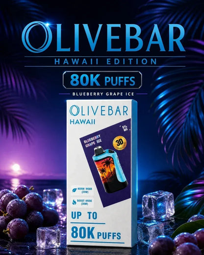 Olivebar Hawaii Edition disposable vape packaging shown prominently in the center, with a stylized tropical night scene featuring blue palm leaves, grapes, ice cubes, and glowing purple-blue lighting. Text on the image reads 'OLIVEBAR HAWAII EDITION', '80K PUFFS', and 'BLUEBERRY GRAPE ICE'.
