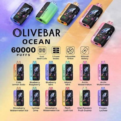 Olivebar Ocean vape devices with various flavors on a colorful gradient background