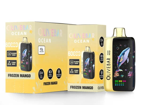Olivebar vape device and packaging with 'Frozen Mango' flavor on a white background