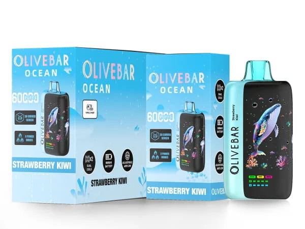 Olivebar vape device and packaging with 'strawberry kiwi' flavor on a white background