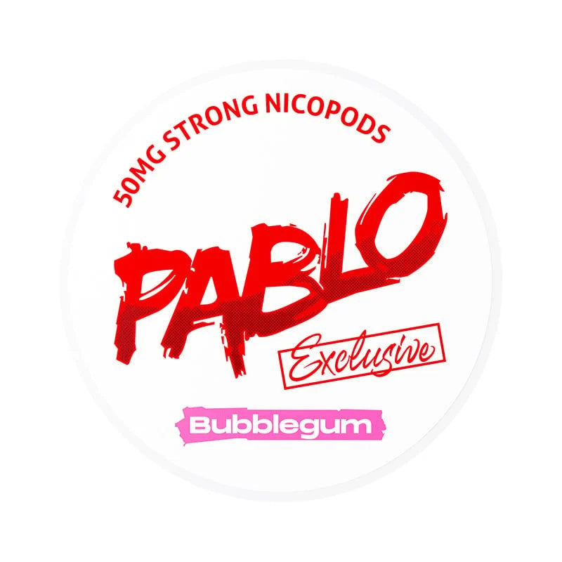 Pablo bubblegum flavored nicopods packaging with red and pink text on a white background