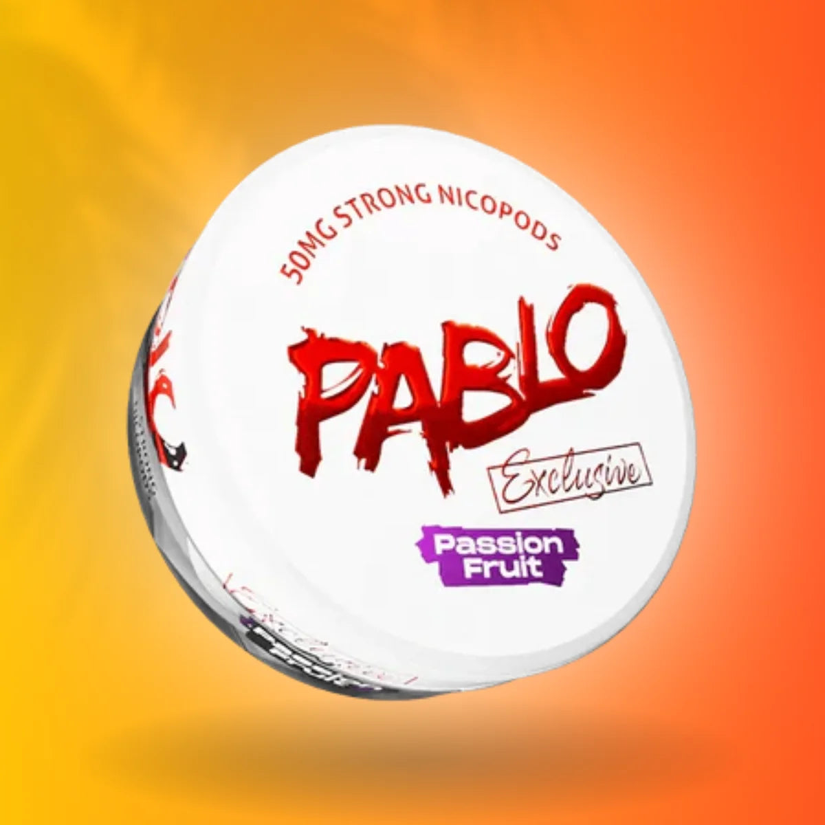 Pablo nicotine pod packaging with 'Passion Fruit' flavor on a gradient background