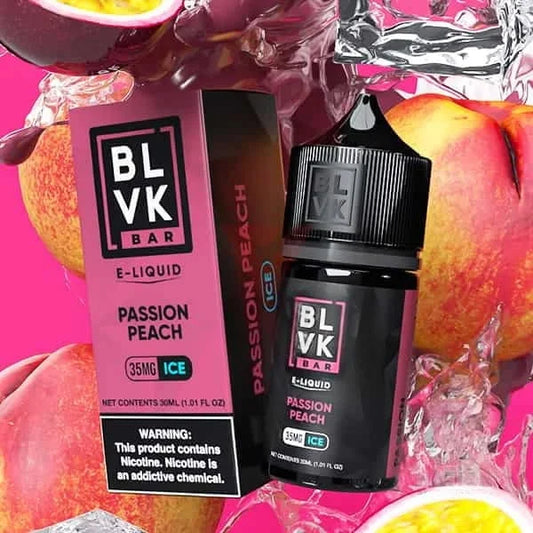 BLVK Bar E-Liquid Passion Peach packaging with fruit in the background