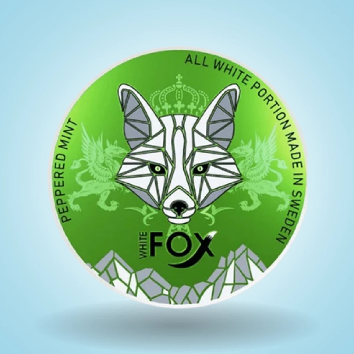 White Fox - Peppered Mint nicotine pouches in green label with a geometric fox design and text on a light blue background