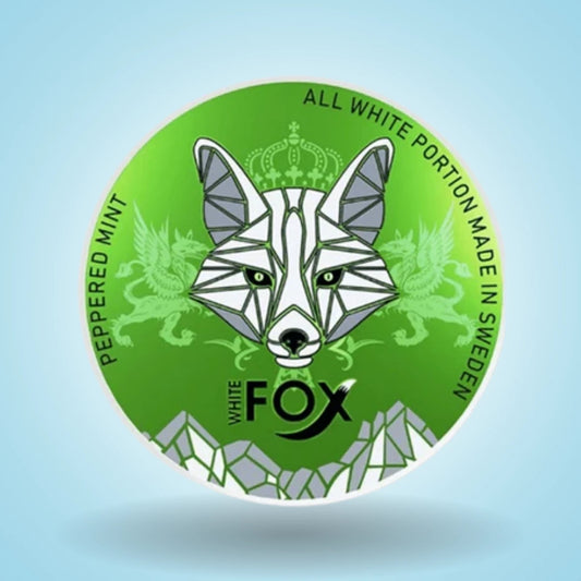 White Fox - Peppered Mint nicotine pouches in green label with a geometric fox design and text on a light blue background